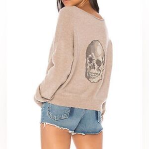 Skull Cashmere 100% sweater tan oversized Crosstitch embroidery skeleton S